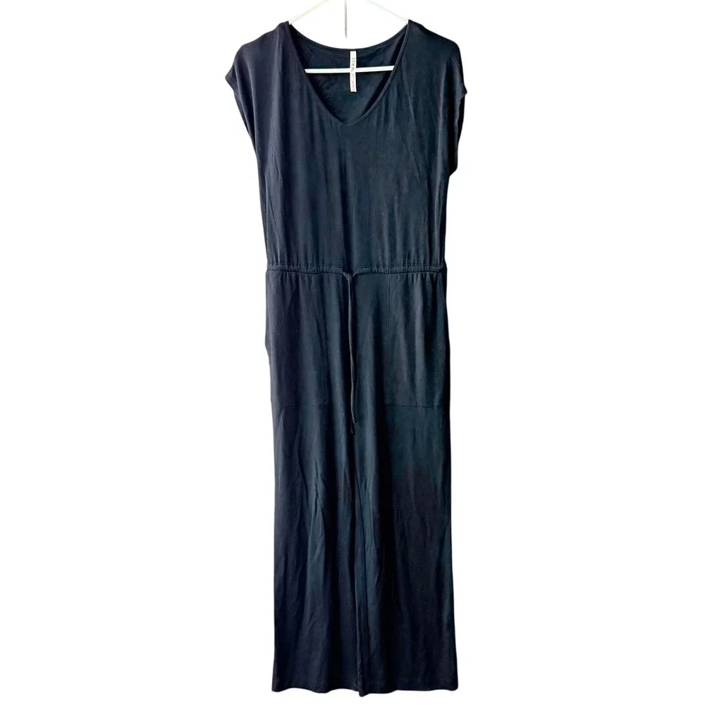 Soma Sunday Lounge Jumpsuit Black V-Neck Wide‎ Leg Drawstring Pockets Small - Picture 3 of 14